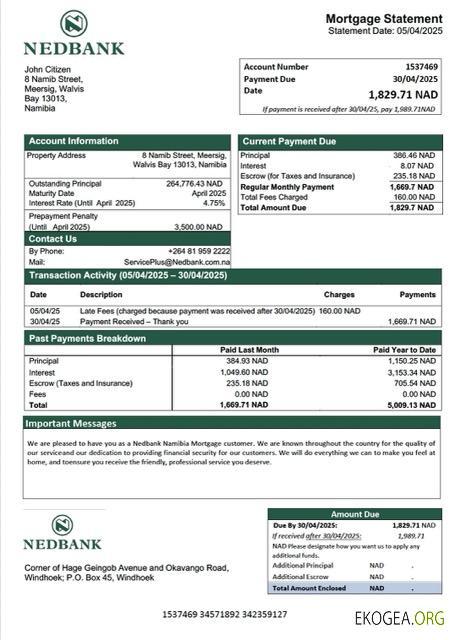 Modèle Word et PDF de relevé hypothécaire de Nedbank Namibia Limited en Namibie